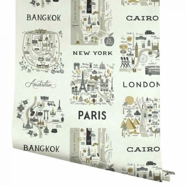 Papel pintado estilo arquitectura y ciudades en tonos grises con detalles metálicos dorados sobre fondo blanco City Maps RI5161 - Imagen 4