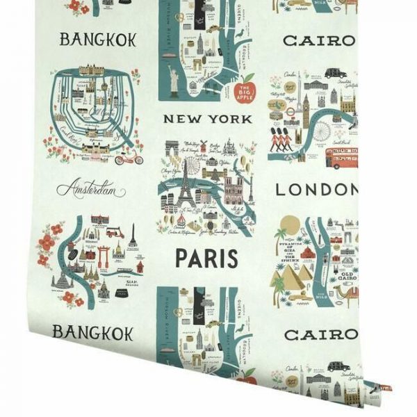 Papel pintado estilo arquitectura y ciudades en tonos azules y rojos sobre fondo blanco City Maps RI5162 - Imagen 4