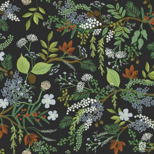 Papel pintado estilo estampado floral multicolor sobre fondo negro Juniper Forest RI5166