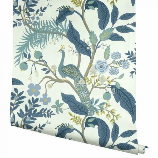 Papel pintado estilo aves en tonos de azul sobre fondo blanco Peacock RI5173 - Imagen 5