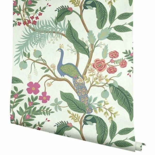 Papel pintado estilo aves multicolor sobre fondo verde claro Peacock RI5174 - Imagen 4