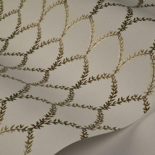 Papel pintado estilo trellis hojas doradas sobre fondo blanco Laurel RI5176 - Imagen 4