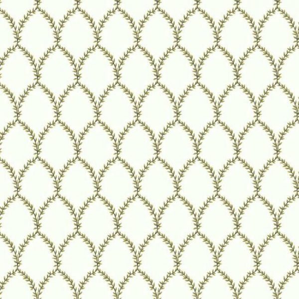 Papel pintado estilo trellis hojas doradas sobre fondo blanco Laurel RI5176