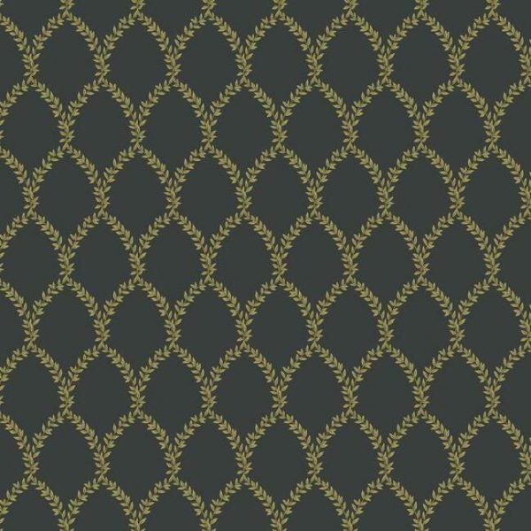 Papel pintado estilo trellis hojas doradas sobre fondo negro Laurel RI5177