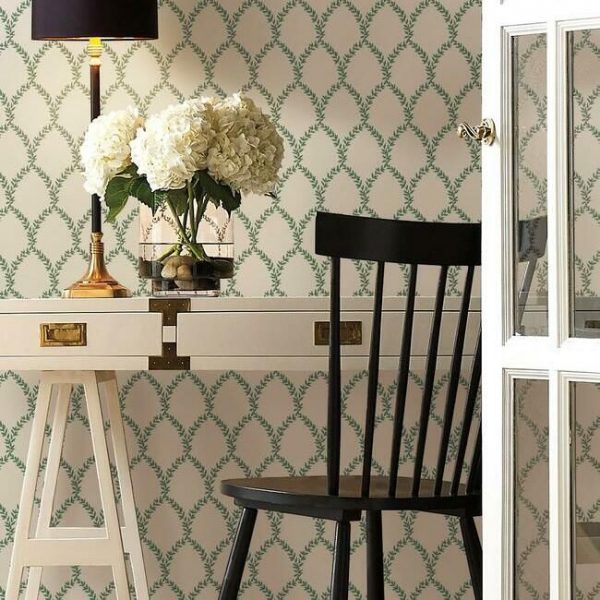 Papel pintado estilo trellis hojas verdes sobre fondo blanco Laurel RI5178 - Imagen 3
