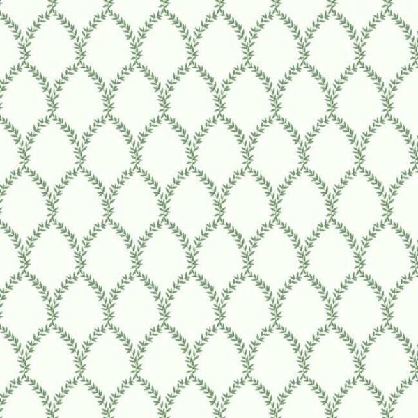 Papel pintado estilo trellis hojas verdes sobre fondo blanco Laurel RI5178
