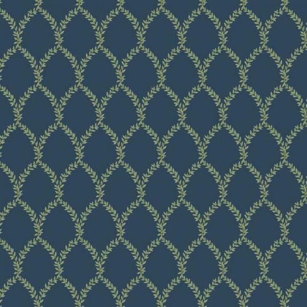 Papel pintado estilo trellis hojas verdes sobre fondo azul Laurel RI5179