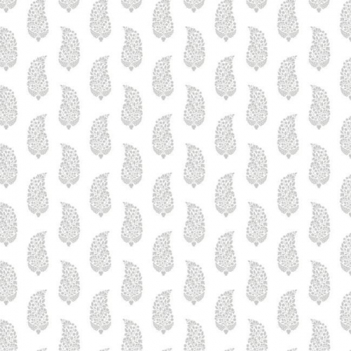 Papel pintado de estilo dibujo pequeño en gris sobre fondo blanco Boteh Paisley SP1420
