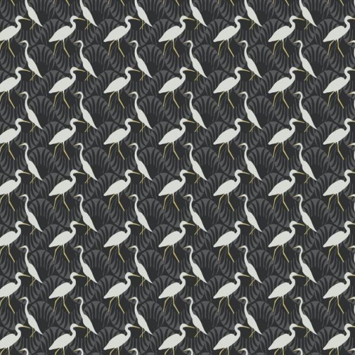 Papel pintado de estilo aves en color blanco sobre fondo negro Evening Egret SP1458