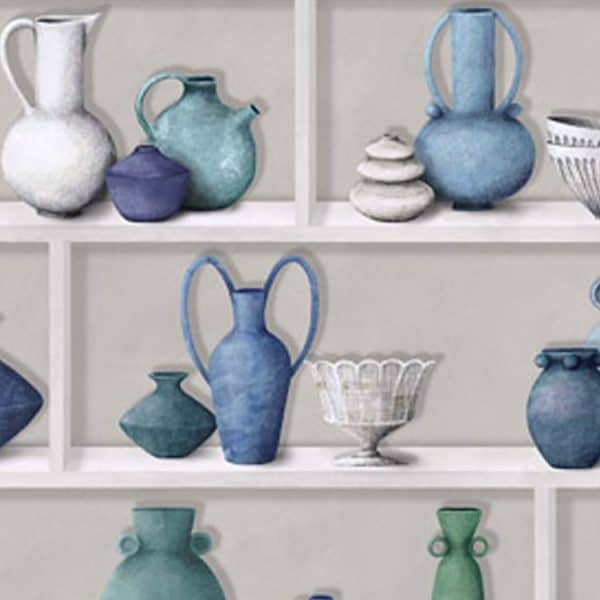 Papel pintado estilo jarrones en colores verdes-azules-blanco Raku W7560-01