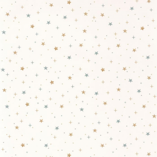 Papel pintado estilo infantil con pequeños dibujos de estrellas de color azul y beige sobre un fondo blanco Stars in your eyes 101926019
