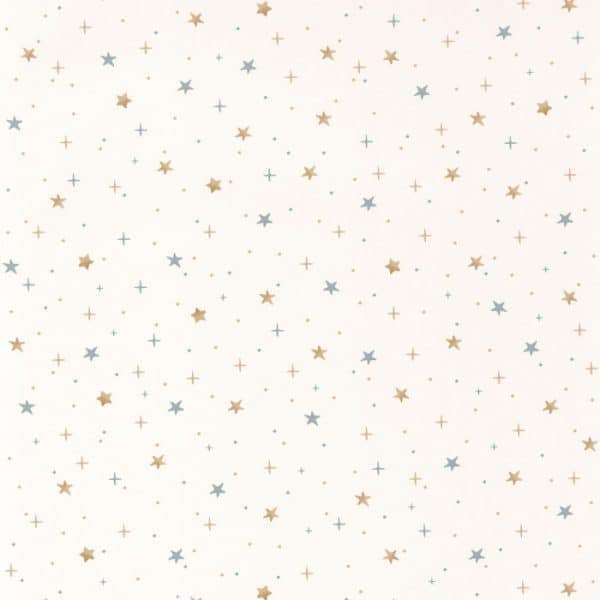 Papel pintado estilo infantil con pequeños dibujos de estrellas de color azul y beige sobre un fondo blanco Stars in your eyes 101926019