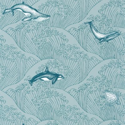 Papel pintado estilo infantil con pequeños dibujos de ballenas en un mar con olas grandes en color verde Under the Sea 102017138