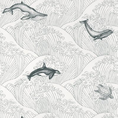 Papel pintado estilo infantil con pequeños dibujos de ballenas en un mar con olas grandes en color negro sobre fondo blanco Under the Sea 102019902