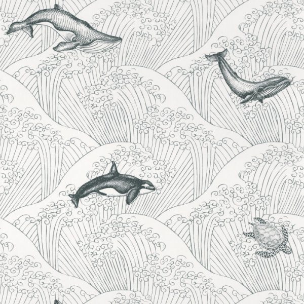 Papel pintado estilo infantil con pequeños dibujos de ballenas en un mar con olas grandes en color negro sobre fondo blanco Under the Sea 102019902