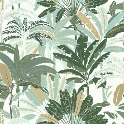 Papel pintado estilo tropical en tonos color verde sobre fondo blanco Evasion 102307773