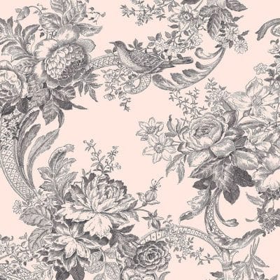 Papel pintado estilo estampado floral en color negro y fondo rosa Carmel EC81601
