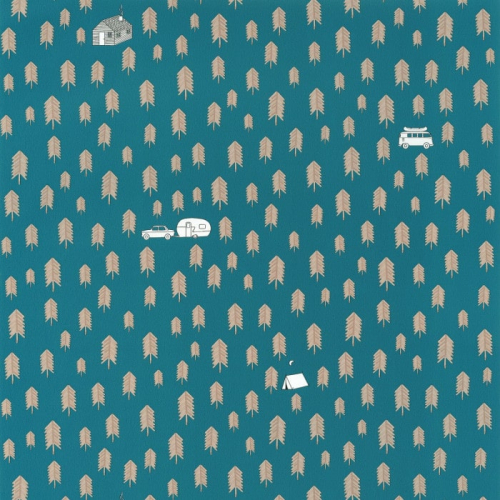 Papel pintado estilo infantil con pequeños dibujos de árboles en color beige y motivos de camping perfilados en color negro, todo sobre un fondo azul Summer Camp 101976029