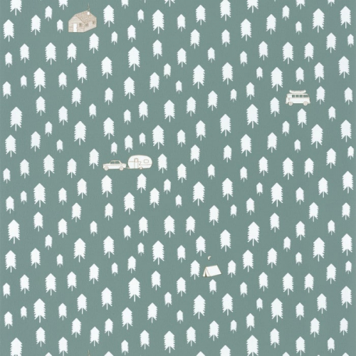 Papel pintado estilo infantil con pequeños dibujos de árboles en color blanco y motivos de camping perfilados en color beige todo sobre un fondo verde claro Summer Camp 101977134