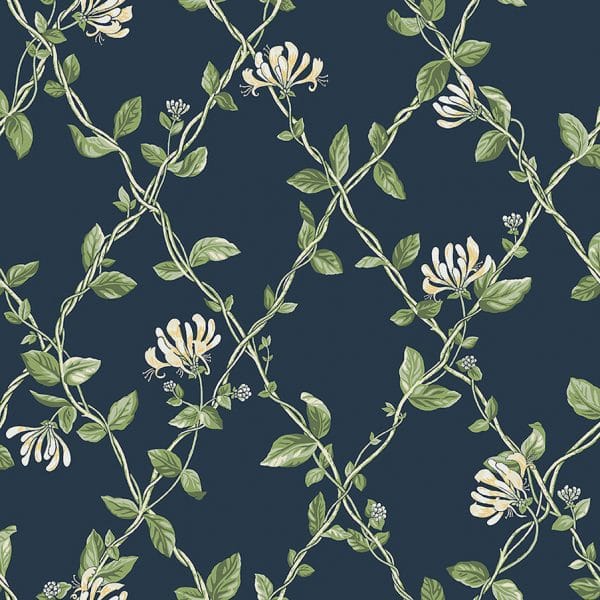 Papel pintado de estilo cocina office en colores verdes sobre fondo azul marino Honeysuckle 8851