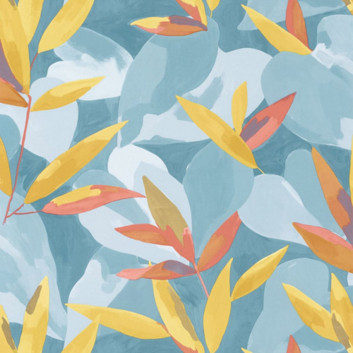 Papel pintado de hojas en colores azul claro y amarillo Influence 102156017