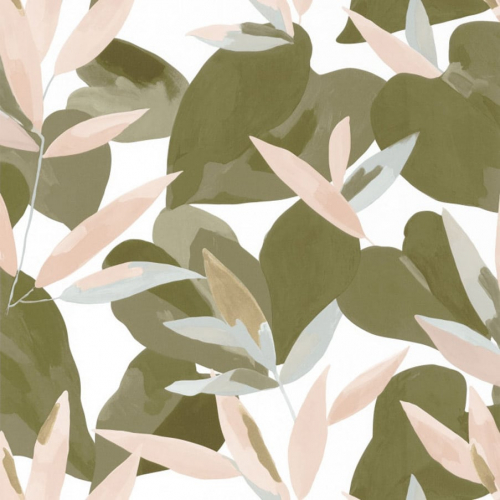 Papel pintado de hojas en tonos verdes caqui sobre fondo blanco Influence 102157220
