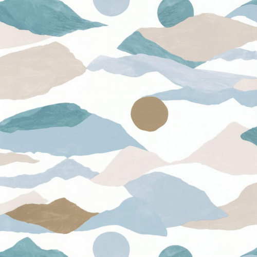 Papel pintado de motivo abstracto en tonos de azul y beige sobre fondo blanco Voyages 102186025