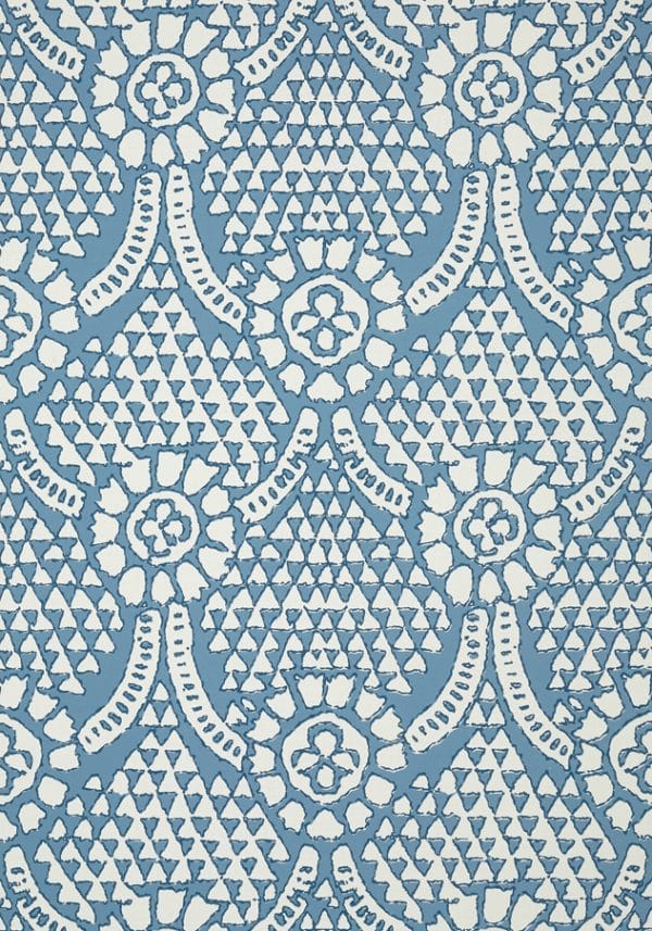 Papel pintado de medallones en color blanco sobre fondo azul Chamomile T14314