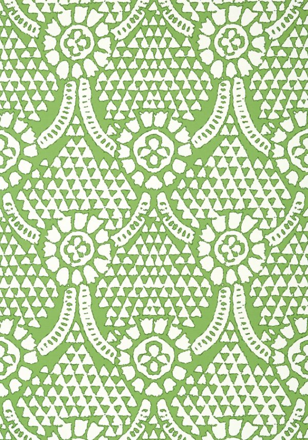 Papel pintado de medallones en color blanco sobre fondo verde Chamomile T14318