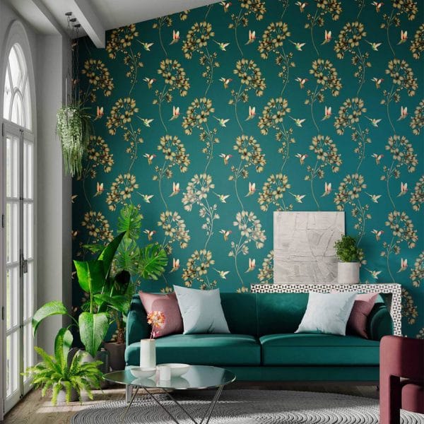 Papel pintado de estampado floral en color turquesa Amazilia 112604 - Imagen 3