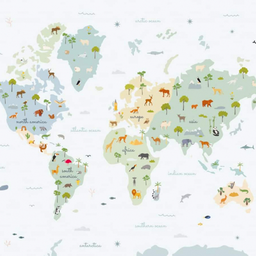Mural de papel pintado infantil mapa en multicolor Animal Map 9700051