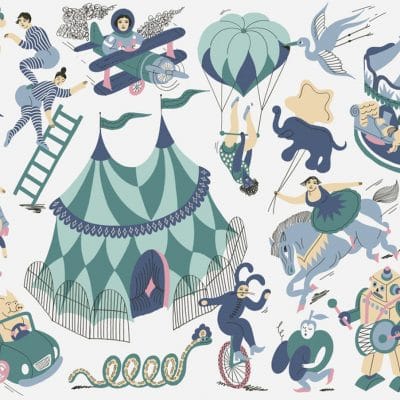 Mural de papel pintado infantil circo en color verde Magic Circus 9700111