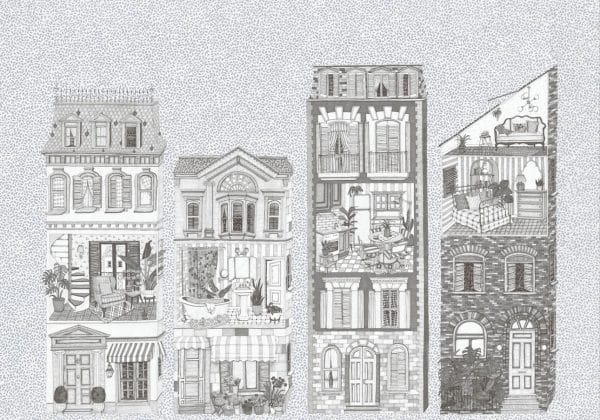 Mural de papel pintado infantil casa de muñecas en color gris Dolls House 9700123