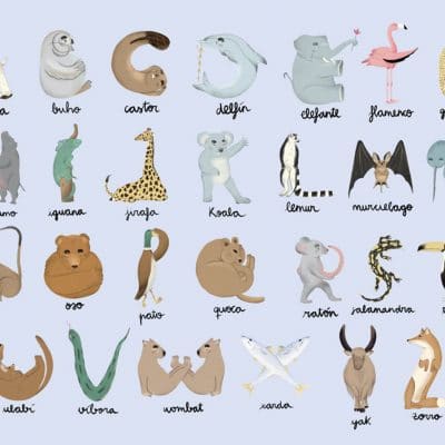 Mural de papel pintado infantil con animales en multicolor con fondo azul Animal Alphabet 9700142