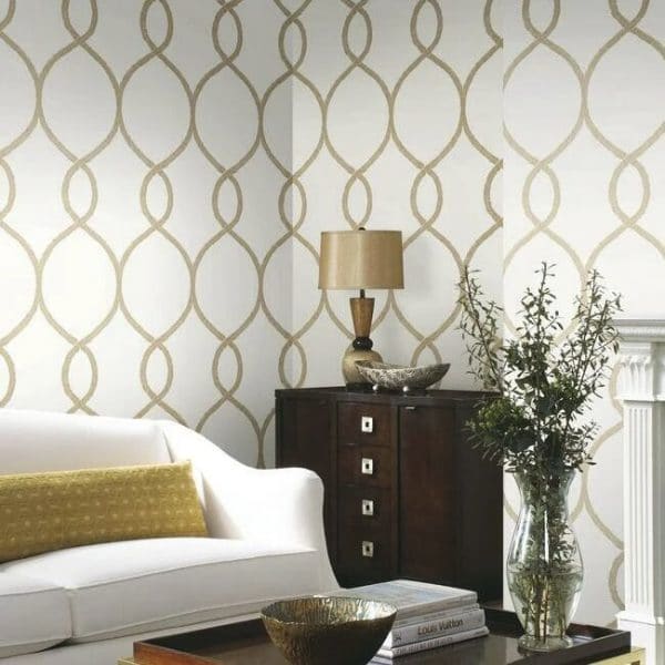 Papel pintado geométrico en color dorado Laurel Leaf Ogee KT2234 - Imagen 3