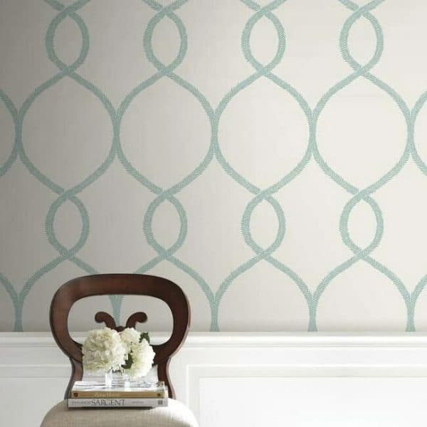 Papel pintado geométrico en color turquesa Laurel Leaf Ogee KT2238 - Imagen 4