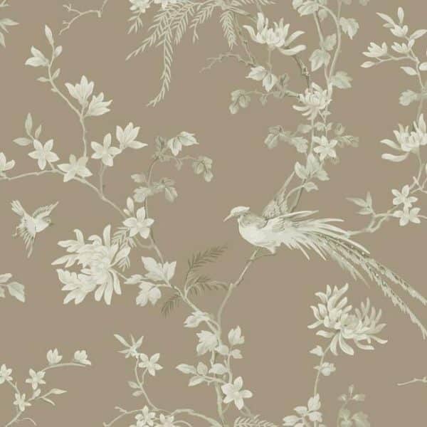Papel pintado de flores en color marrón Bird And Blossom Chinoserie KT2172