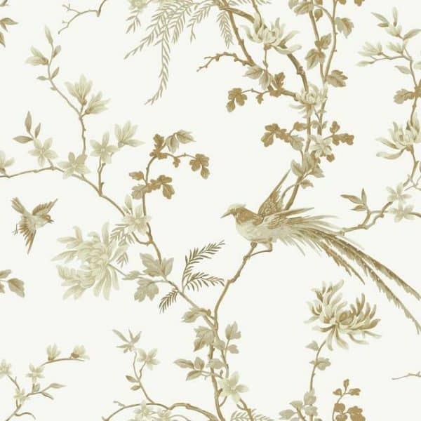 Papel pintado de flores en color beige Bird And Blossom Chinoserie KT2174