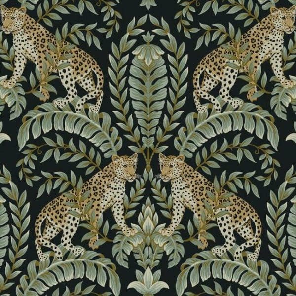Papel pintado de animales en color negro y verde Jungle Leopard KT2205