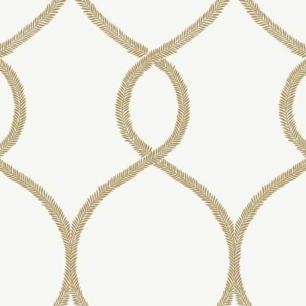 Papel pintado geométrico en color dorado Laurel Leaf Ogee KT2234