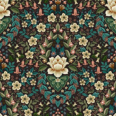 Papel pintado de estampado floral multicolor sobre fondo granate Flora 18519