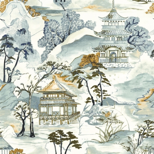 Papel pintado de estilo oriental en color azul Nara 75310202
