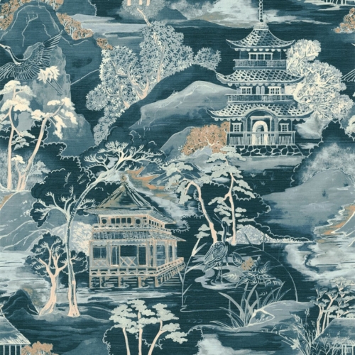 Papel pintado de estilo oriental en color azul Nara 75310508