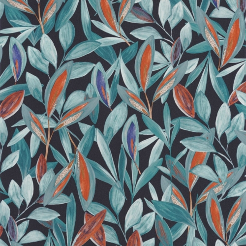 Papel pintado de hojas en color azul y naranja Hojas 85976406