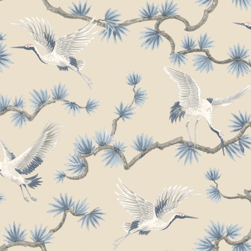 Papel pintado de aves en color azul con fondo beige Grasslands GL21702