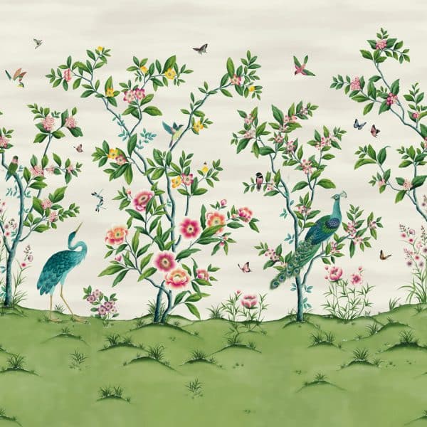 Mural de papel pintado de aves en color verde Florence HDHW112891