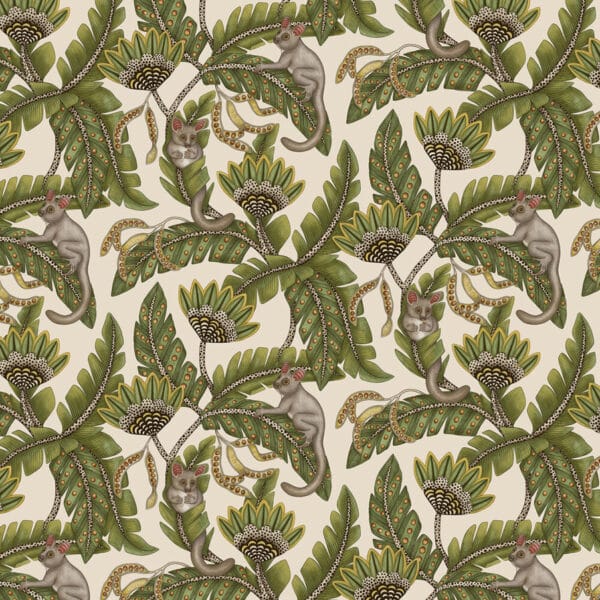 Papel pintado de animales en color verde y beige Bush Baby 119/7032