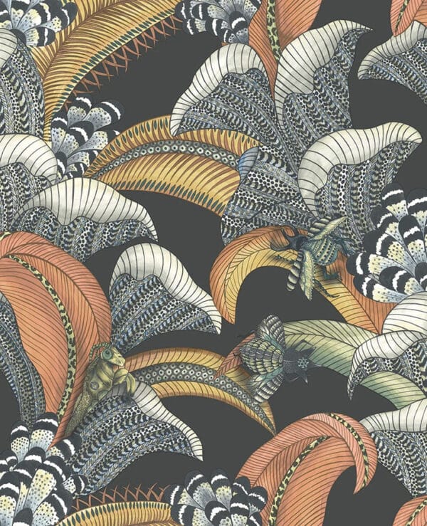 Papel pintado de estampado floral en color gris y multicolor Hoopoe Leaves 119/1005