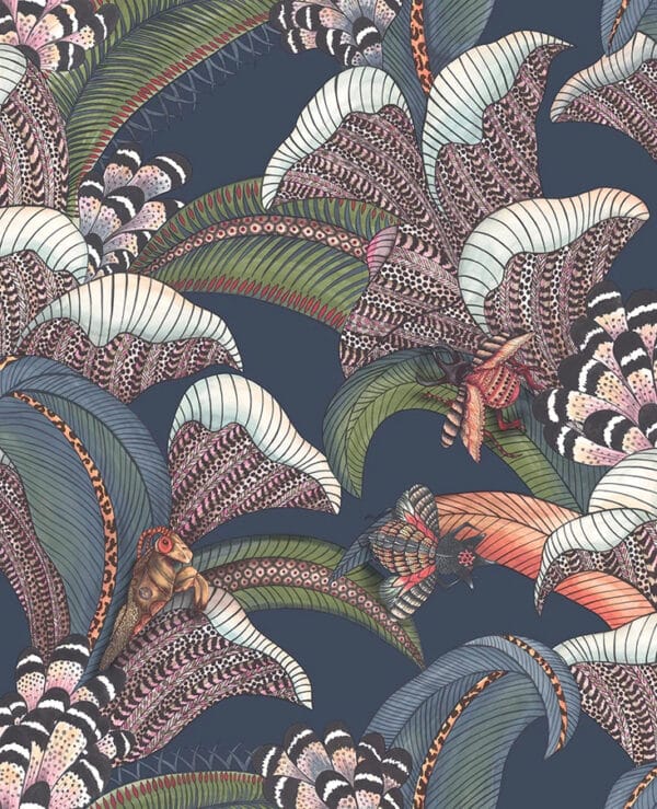 Papel pintado de estampado floral en color azul Hoopoe Leaves 119/1006