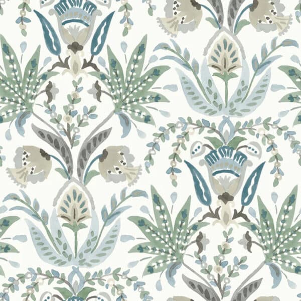 Papel pintado de estampado floral en color verde Seaside Jacobean MN1910